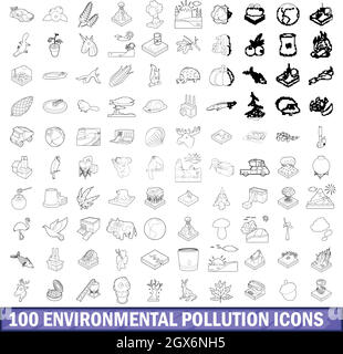 100 inquinamento ambientale set di icone Illustrazione Vettoriale