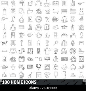 100 icone home impostate, stile contorno Illustrazione Vettoriale