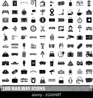 100 ferroviaria set di icone, stile semplice Illustrazione Vettoriale