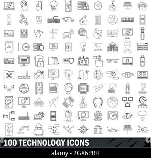 100 tecnologia set di icone di stile di contorno Illustrazione Vettoriale