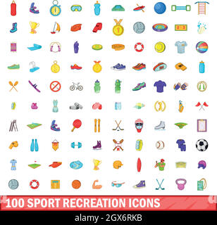 100 sport ricreativo set di icone, stile cartoon Illustrazione Vettoriale