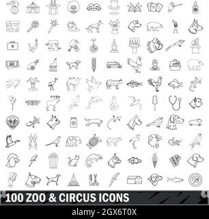 100 icone di zoo e circo set, stile di contorno Illustrazione Vettoriale