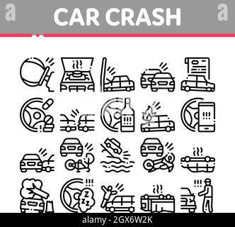 Car Crash Accident Collection Icons Set Vector Illustrazione Vettoriale