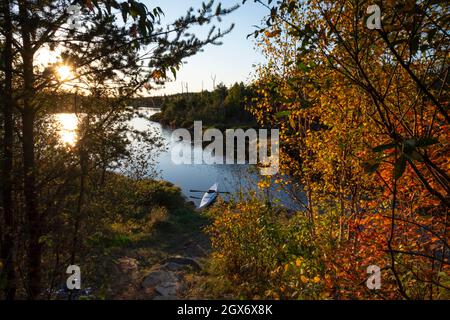 Un kayak e l'autunno partono a Iron Lake sul Gunflint Trail, nel Minnesota settentrionale, USA Foto Stock