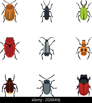 Icone bug impostate, stile piatto Illustrazione Vettoriale