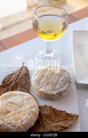 Raccolta di formaggi, semi-duro francese blu roquefort formaggio roquefort da Roquefort-sur-Soulzon, Francia, servito con vino bianco dolce freddo francese, primo piano Foto Stock