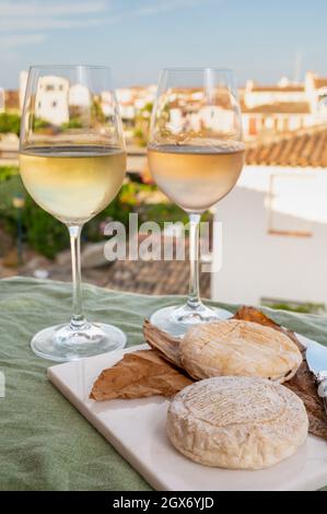 Raccolta di formaggi, semi-duro francese blu roquefort formaggio roquefort da Roquefort-sur-Soulzon, Francia, servito con vino bianco dolce freddo francese, primo piano Foto Stock