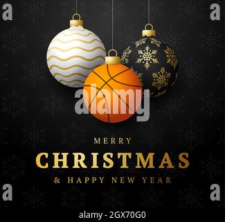 Basket buon Natale e felice anno nuovo di lusso Sport biglietto di auguri. Palla di basket come una palla di Natale su sfondo. Illustrazione vettoriale. Illustrazione Vettoriale