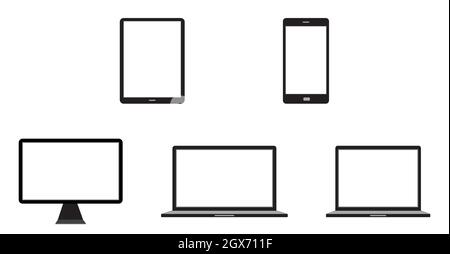Raccolta di dispositivi elettronici di computer desktop, laptop, tablet e telefono cellulare su sfondo bianco - Illustrazione vettoriale Illustrazione Vettoriale
