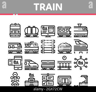 Collezione treno trasporto treno icone Set Vector Illustrazione Vettoriale