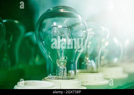 Vecchia lampadina a incandescenza su sfondo verde. Esempi di lampade nel negozio di elettronica. Concetto di tecnologia obsoleto. Foto Stock