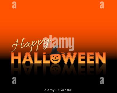 Buon testo di Halloween con jack o’lantern con sfondo arancione e nero - Illustrazione Foto Stock