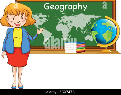 Insegnante di geografia e mappa del mondo sul consiglio di amministrazione Illustrazione Vettoriale