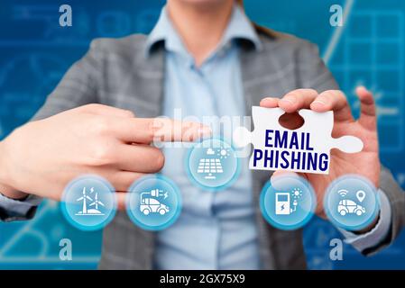 Scrivere a mano segno e-mail Phishing. Panoramica aziendale e-mail che possono collegarsi a siti web che distribuiscono malware Business Woman puntamento Jigsaw Puzzle Foto Stock