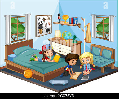 Bambini in camera da letto in scena a tema blu su sfondo bianco Illustrazione Vettoriale