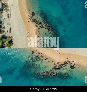 Collage di due immagini di acqua colorata poco profonda acqua dopo la marea recede esponendo la costa rocciosa e una spiaggia sabbiosa Foto Stock