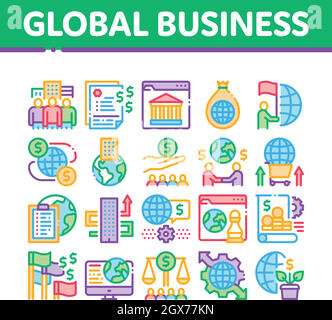 Global Business Finance Strategy Icons Imposta vettore Illustrazione Vettoriale