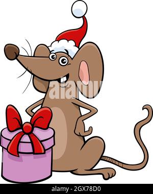 Illustrazione cartoon del carattere animale del mouse con presente sul tempo di Natale Illustrazione Vettoriale