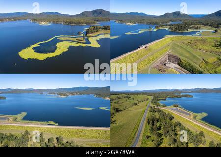 Montaggio fotografico di quattro spettacolari immagini del bacino idrografico e del muro di Teemburra Dam, Mackay, Queensland, Australia Foto Stock