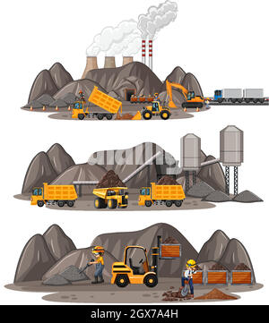 Settore minerario del carbone con diversi tipi di autocarri da costruzione Illustrazione Vettoriale