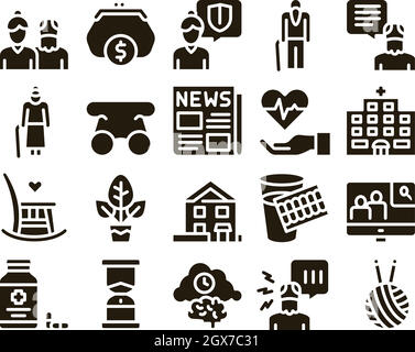 Anziano pensionato Glyph Set Vector Illustrazione Vettoriale