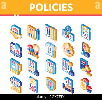 Policy elaborazione dati icone isometriche Imposta vettore Illustrazione Vettoriale