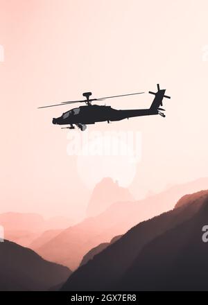 American Attack elicottero silhouette nera in volo Foto Stock