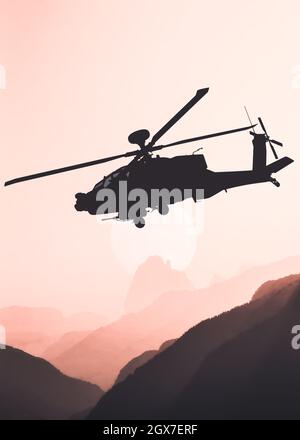 American Attack elicottero silhouette nera in volo Foto Stock