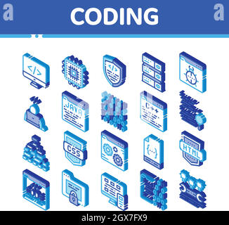 Set di icone isometriche vettoriali del sistema di codifica Illustrazione Vettoriale