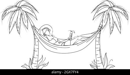 Donna che si rilassa con cocktail su Hammock Vector Illustrazione Vettoriale