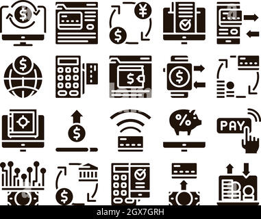Transazioni online icone glyph Imposta vettore Illustrazione Vettoriale