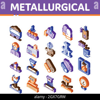 Elementi isometrici metallurgici icone Imposta vettore Illustrazione Vettoriale