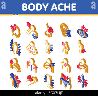 Body Ache elementi isometrici icone Imposta vettore Illustrazione Vettoriale