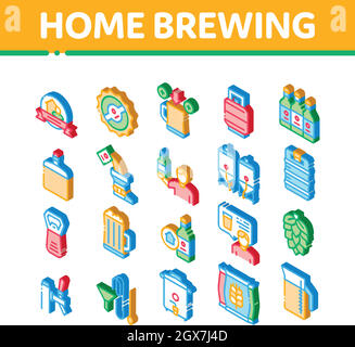 Home birra birra Isometrica icone Set Vector Illustrazione Vettoriale