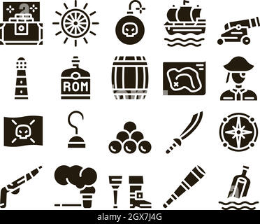 Strumento Bandit Mare pirata Glyph Set Vector Illustrazione Vettoriale