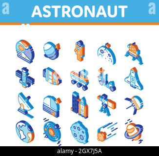 Strumento astronauta icone isometriche Imposta vettore Illustrazione Vettoriale