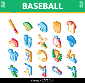 Strumenti di gioco di baseball icone isometriche Imposta vettore Illustrazione Vettoriale