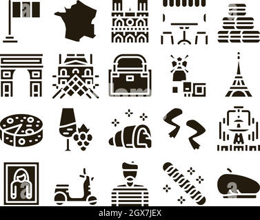 France Country Travel Glyph Set Vector Illustrazione Vettoriale