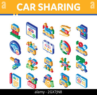 Car Sharing Business Isometrica icone Imposta vettore Illustrazione Vettoriale