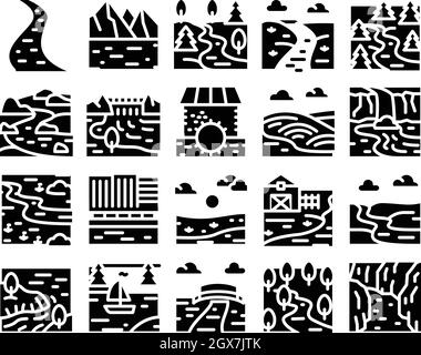 River Landscape Glyph Set Vector Illustrazione Vettoriale