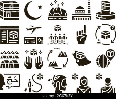 Hajj religione Islamica Glyph Set Vector Illustrazione Vettoriale