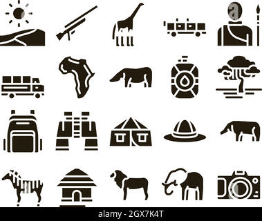 Viaggi Safari elementi di una collezione di icone vettore Set Illustrazione Vettoriale