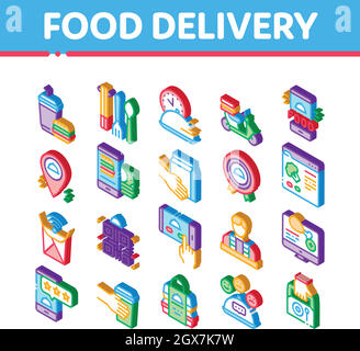 Servizio di consegna degli alimenti icone isometriche Set Vector Illustrazione Vettoriale