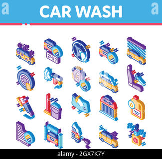 Car Wash Auto Service Isometrica Icons Set Vector. (Impostazione icone isometriche per lavaggio auto Illustrazione Vettoriale