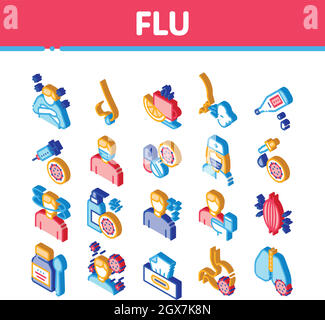 Sintomi influenzali icone isometriche mediche Imposta vettore Illustrazione Vettoriale
