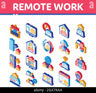 Vettore set icone isometriche freelance lavoro remoto Illustrazione Vettoriale