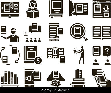 Lettura libreria Libro Glyph Set Vector Illustrazione Vettoriale