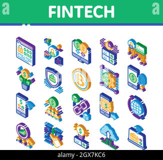 Vettore di set icone isometriche di FinTech Innovation Illustrazione Vettoriale