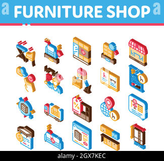 Mercato del negozio di mobili icone isometriche Set Vector Illustrazione Vettoriale