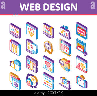 Web Design Development icone isometriche Imposta vettore Illustrazione Vettoriale